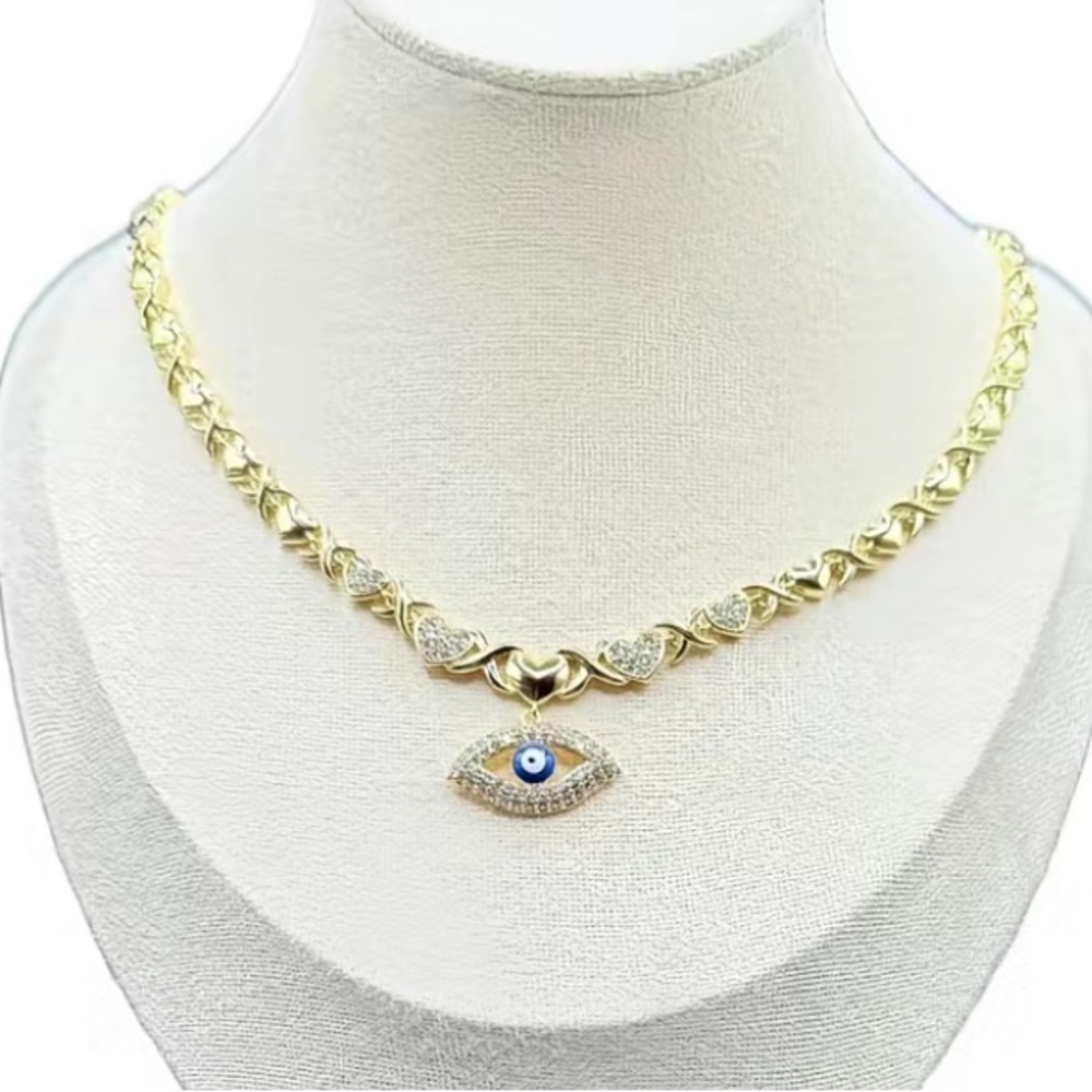 New 14K Laminated Gold Necklace xoxo with Gold and Blue Eye Pendant
